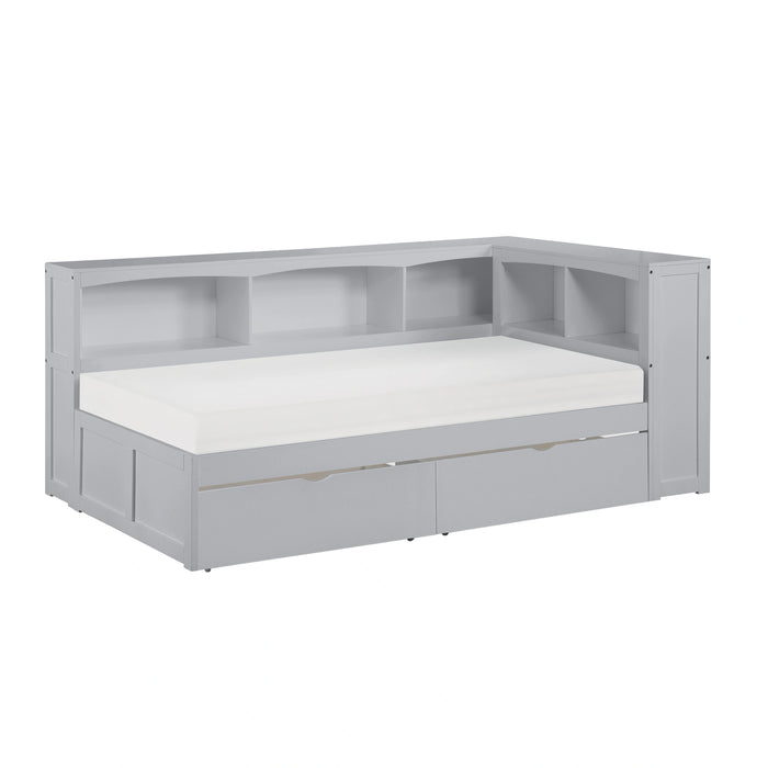 Orion-(4) Twin Bookcase Corner Platform Bed with Storage Boxes image